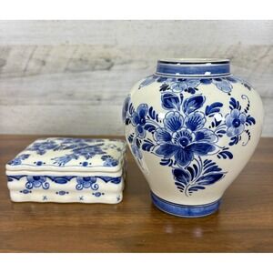 Vintage Delft Holland Hand Painted Porcelain Vase and Jewelry Box‎ Cobalt Blue